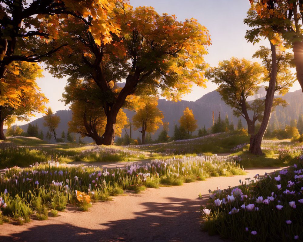 Tranquil Path at Sunset with Blooming Flowers and Autumn Trees
