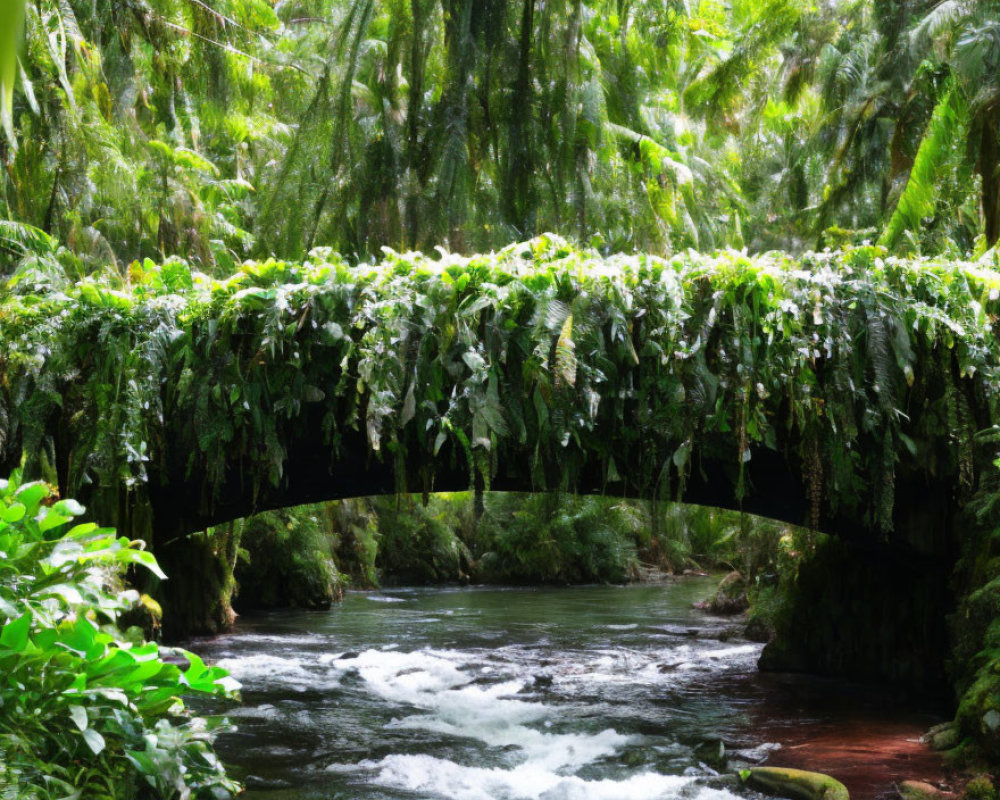 Arched bridge over flowing river in lush forest