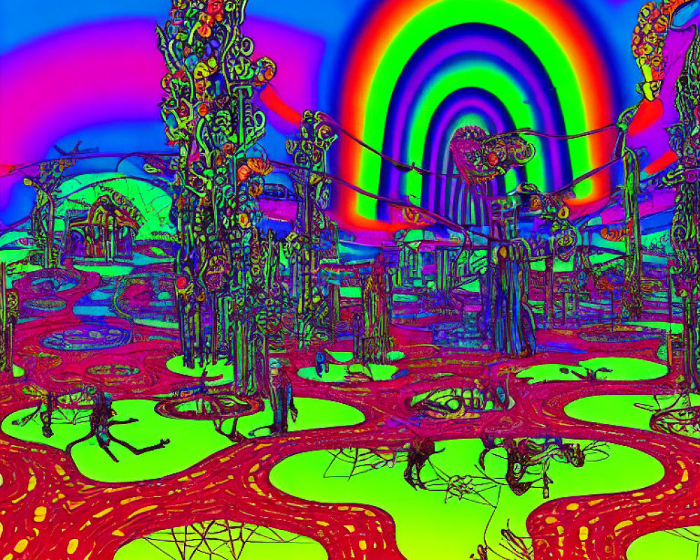 Vivid Rainbow and Abstract Trees in Psychedelic Landscape