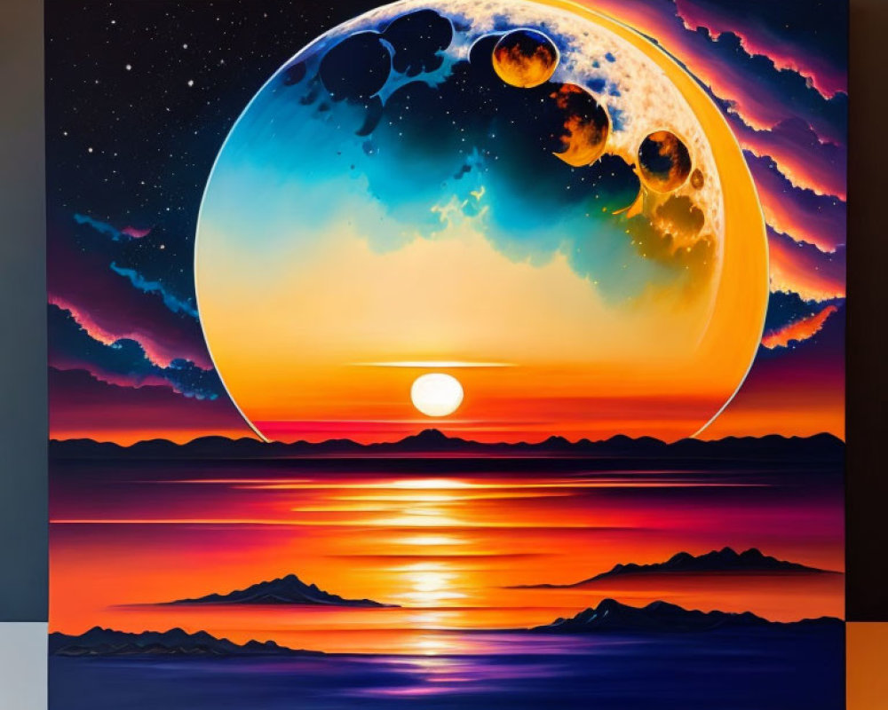Detailed moon painting with sunset, starry sky, ocean waves, and mountains