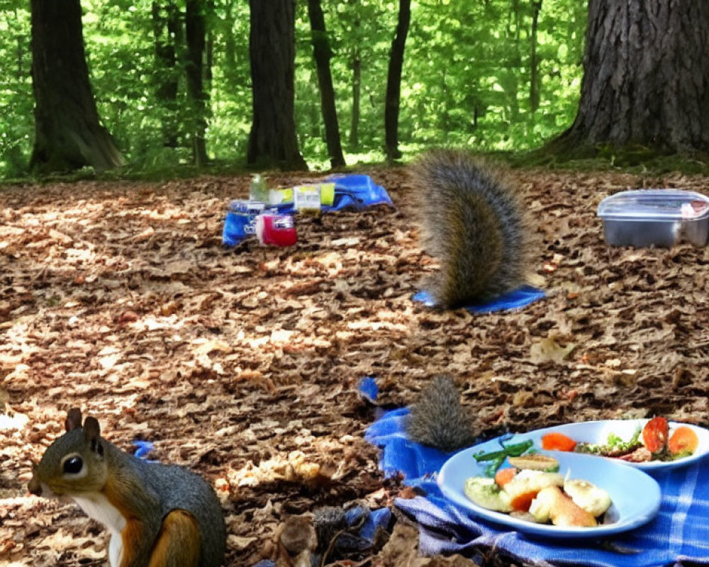 Curious squirrel on picnic blanket in forest with scattered food