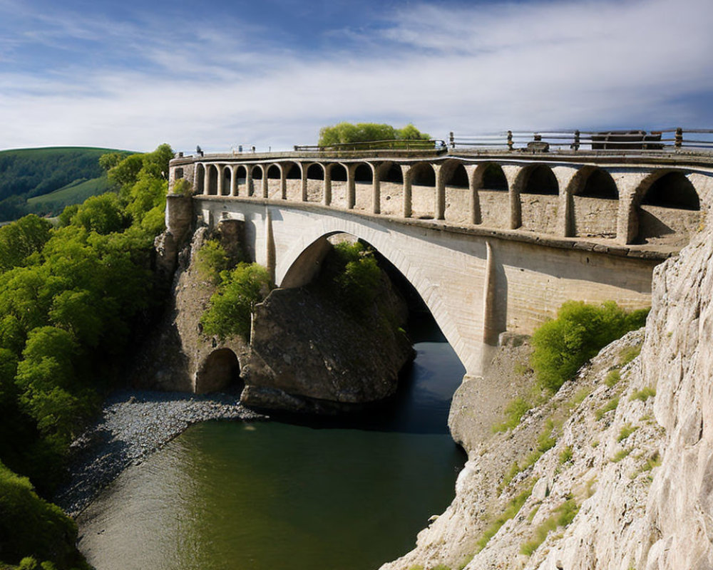 Stone arched bridge over river with green hills and blue sky