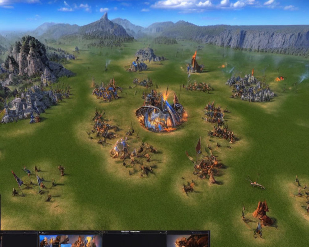 Fantasy strategy game battlefield with armies and creatures in scenic landscape