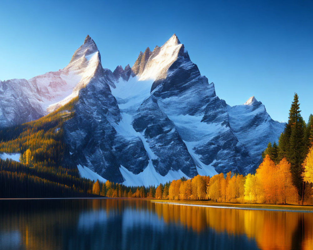 Snow-Capped Mountains Over Serene Lake and Autumn Trees