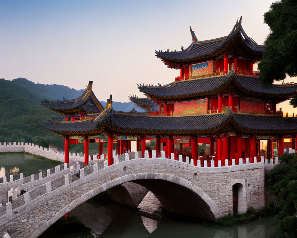 Traditional Chinese Pagoda Overlooking Stone Bridge and River at Dusk