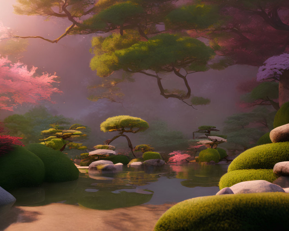 Tranquil Japanese garden at dusk with cherry blossoms, moss-covered stones, and a peaceful figure