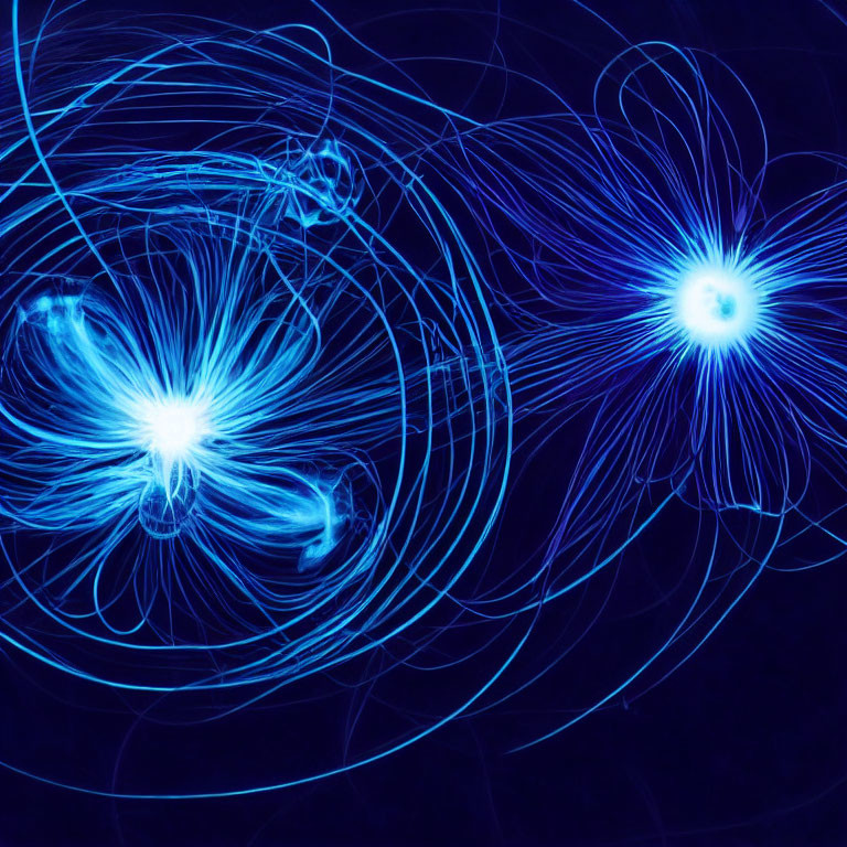 Luminous blue magnetic fields with swirling lines on dark background