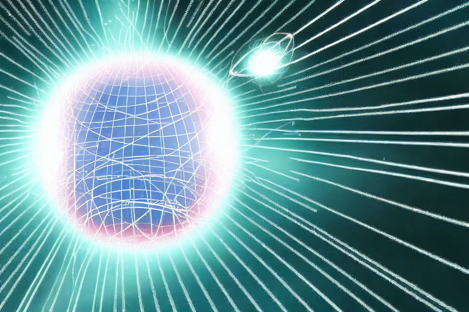 Glowing energy sphere with grid pattern and light streaks on teal background