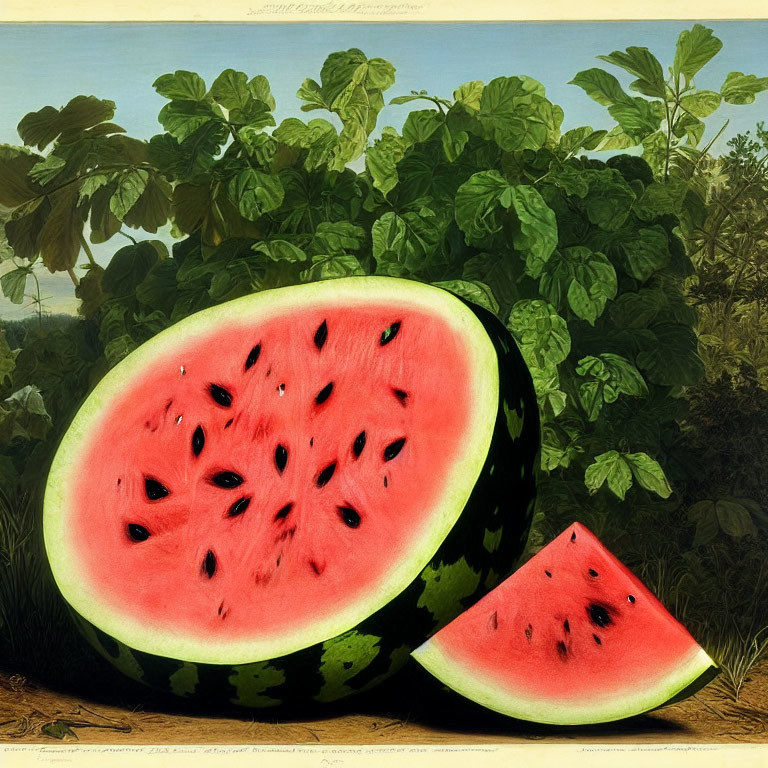 Detailed depiction of halved watermelon with red flesh and black seeds, beside a slice, amidst green