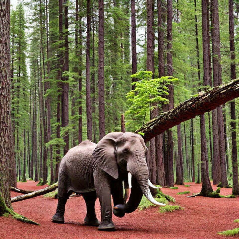 Elephant standing in forest with pine trees and fallen trunk