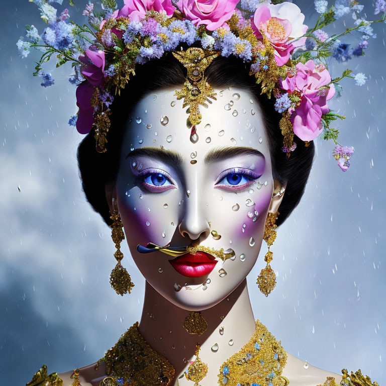 Woman with decorative makeup, floral headdress, and golden jewelry under cloudy sky