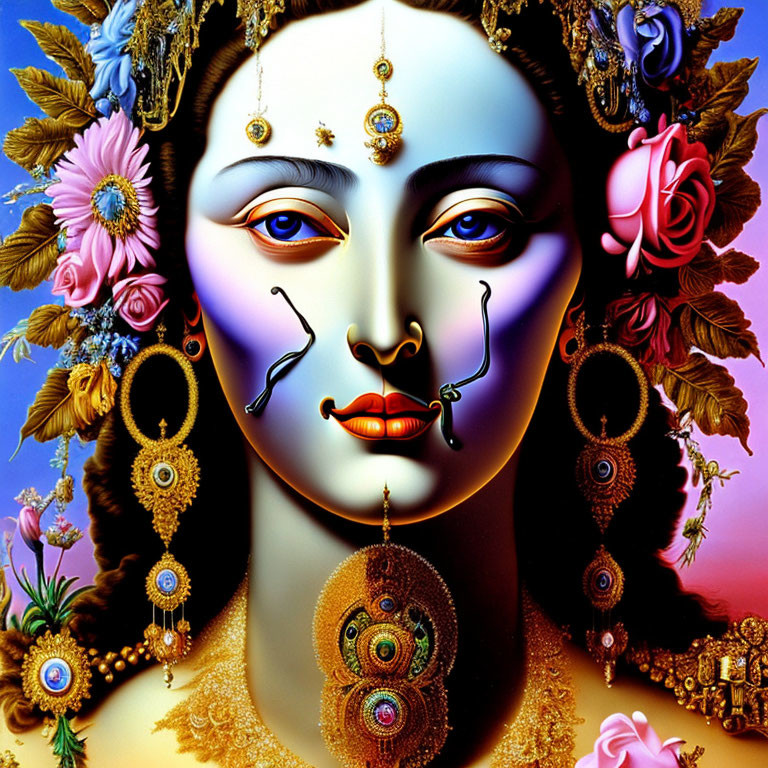 Vibrant digital artwork of stylized Indian face with intricate jewelry
