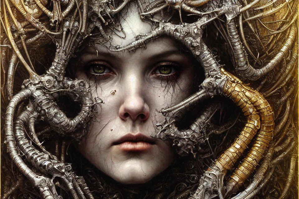 Surreal portrait: Woman with green eyes, metallic wires, and mechanical parts.