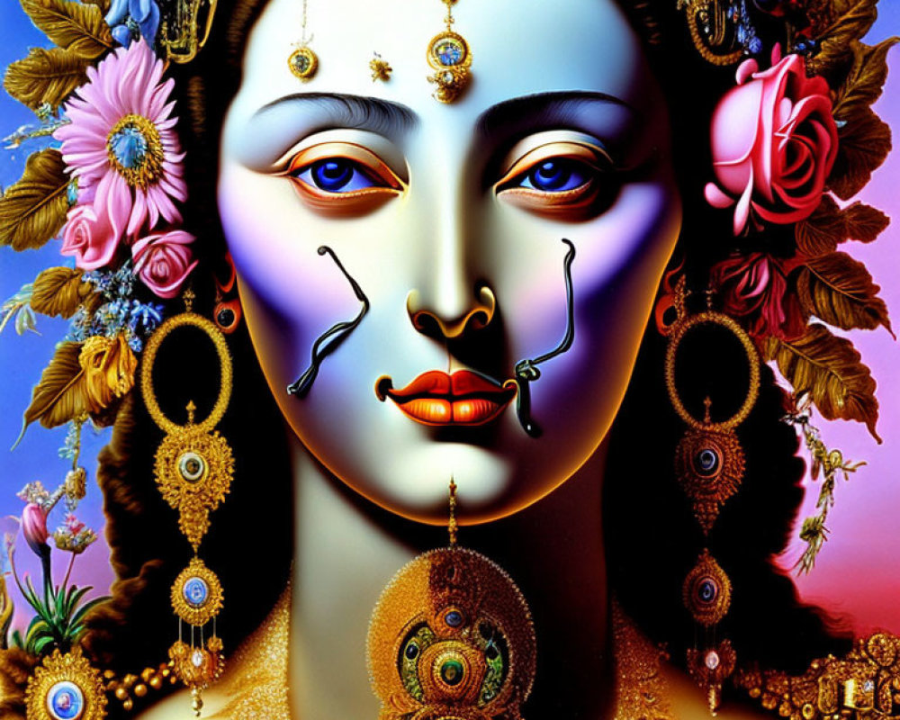 Vibrant digital artwork of stylized Indian face with intricate jewelry