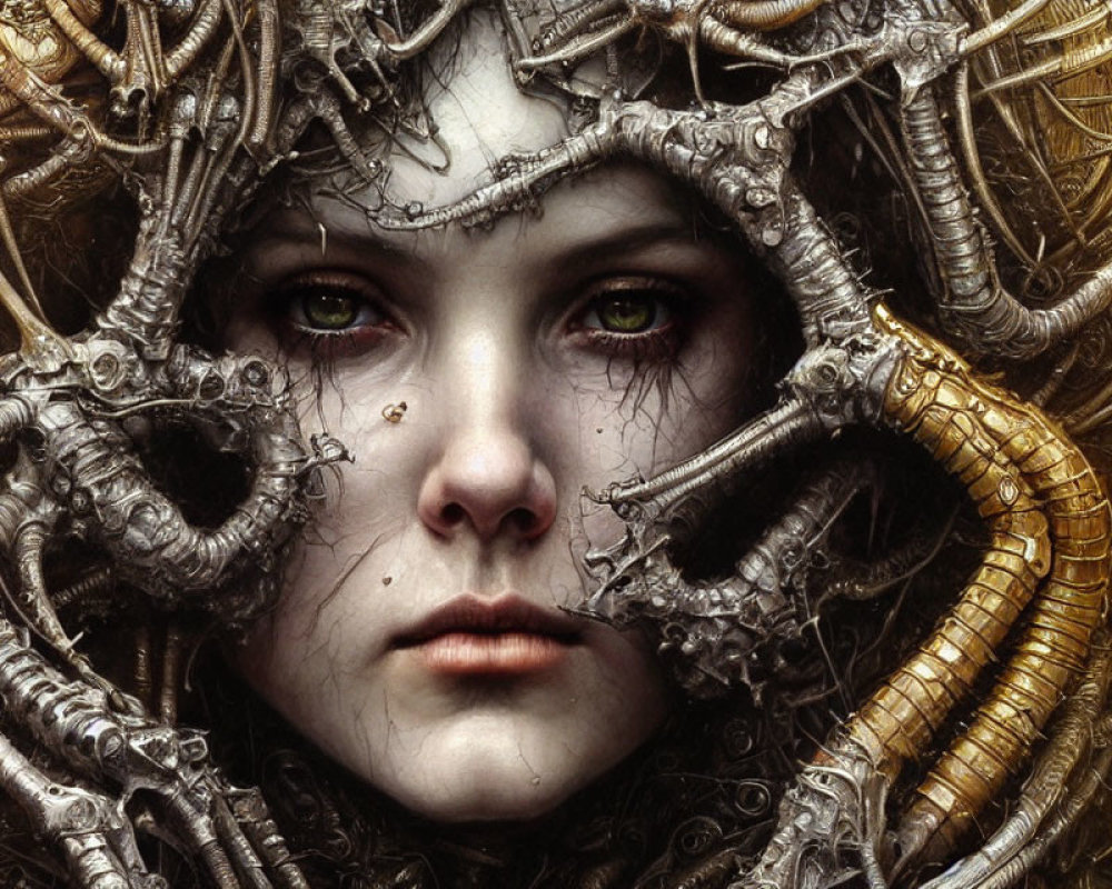 Surreal portrait: Woman with green eyes, metallic wires, and mechanical parts.