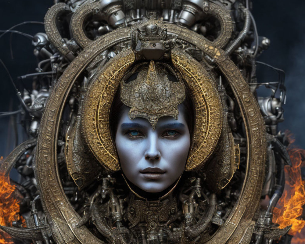 Intricate golden headgear on blue-faced figure with mechanical halo in dark background