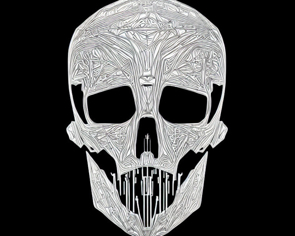 Detailed White Skull Line Art on Black Background