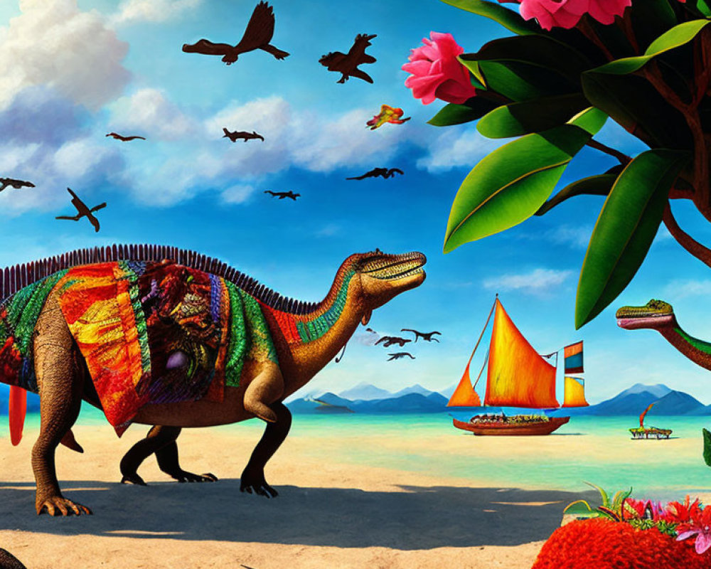 Colorful dinosaur on beach with coral and flowers, birds flying, another dinosaur swimming near sailboat in