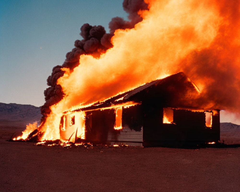 Intense flames engulf single-story house at dusk or dawn