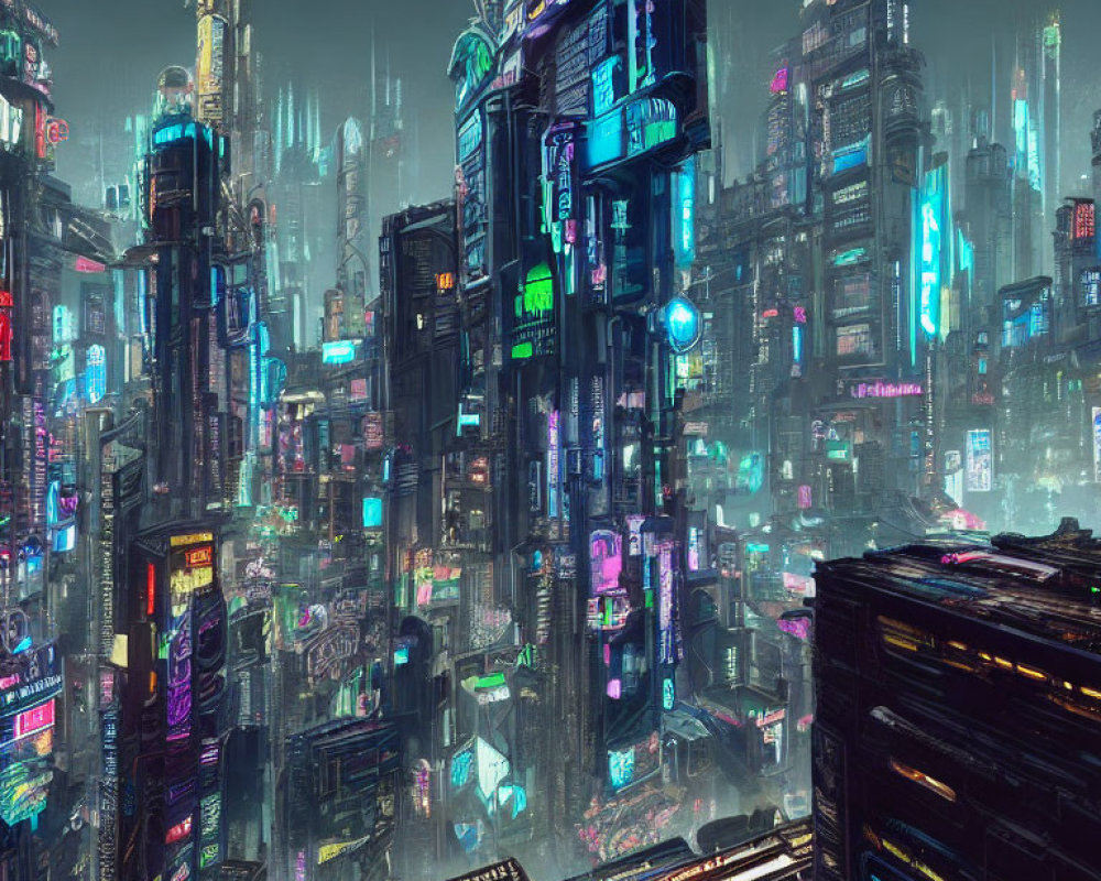 Futuristic cityscape at night with towering skyscrapers and neon signs