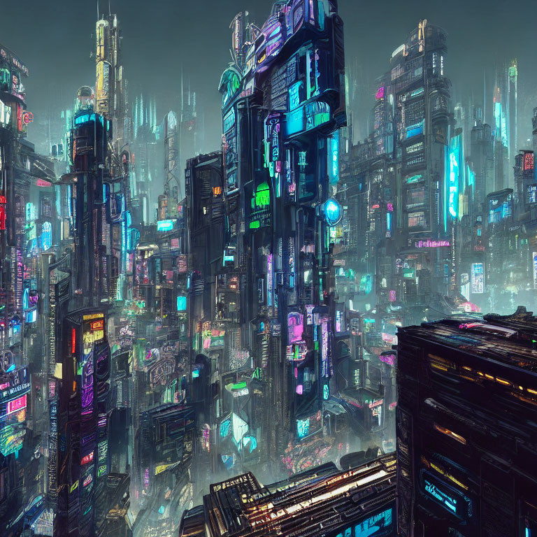 Futuristic cityscape at night with towering skyscrapers and neon signs