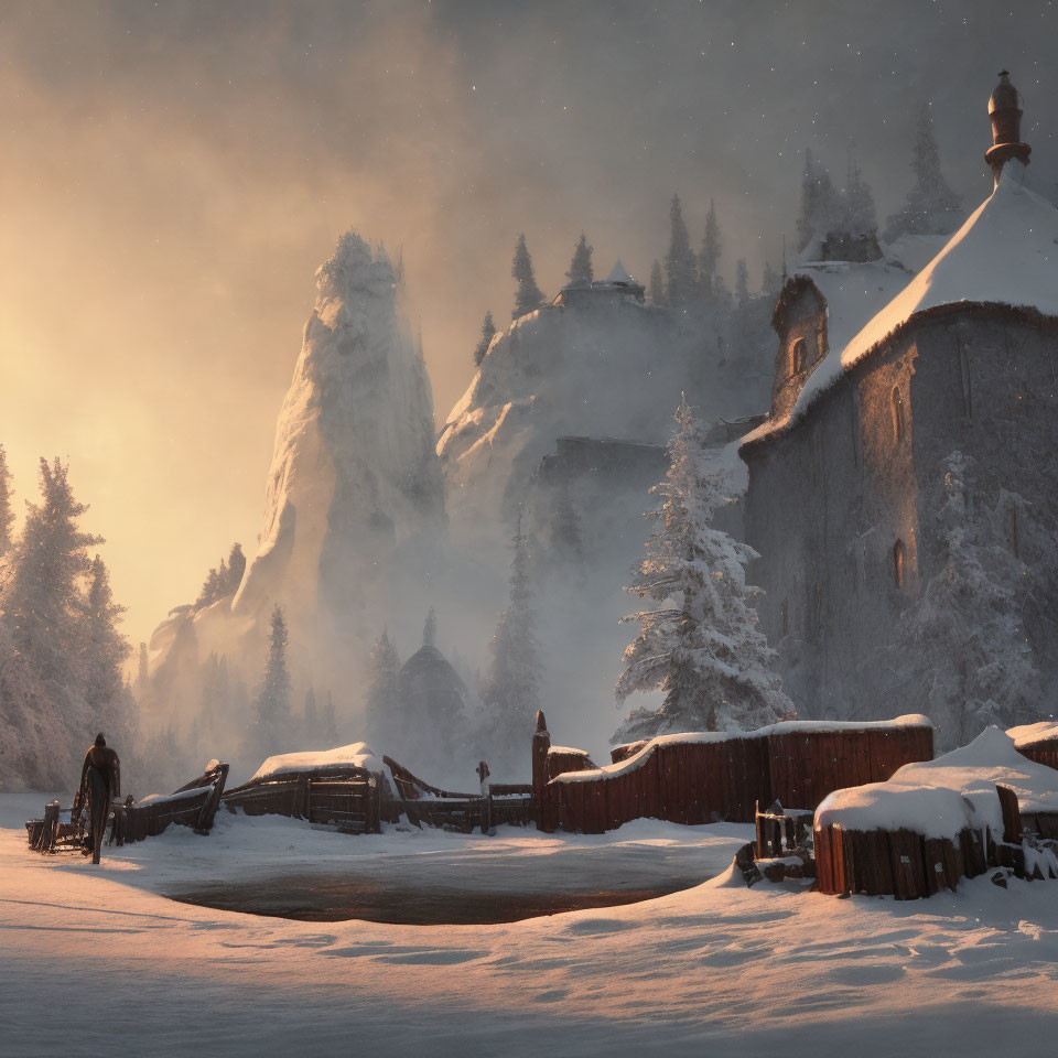 Snowy Dusk Landscape with Castle, Trees, and Sleigh