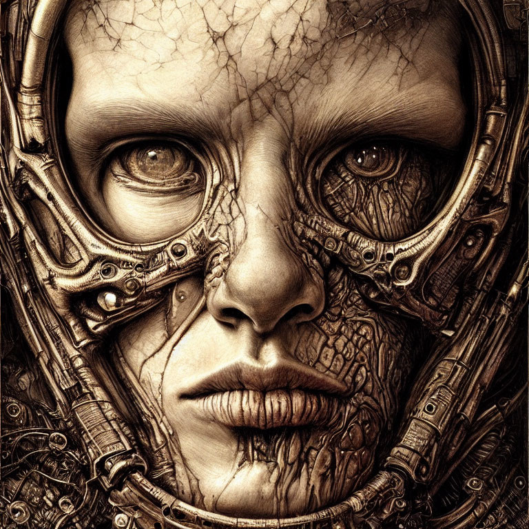 Illustration of humanoid face with textured skin and integrated mechanical components.