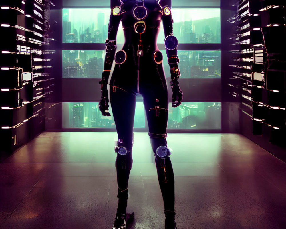 Futuristic figure in advanced suit with glowing cityscape and data servers