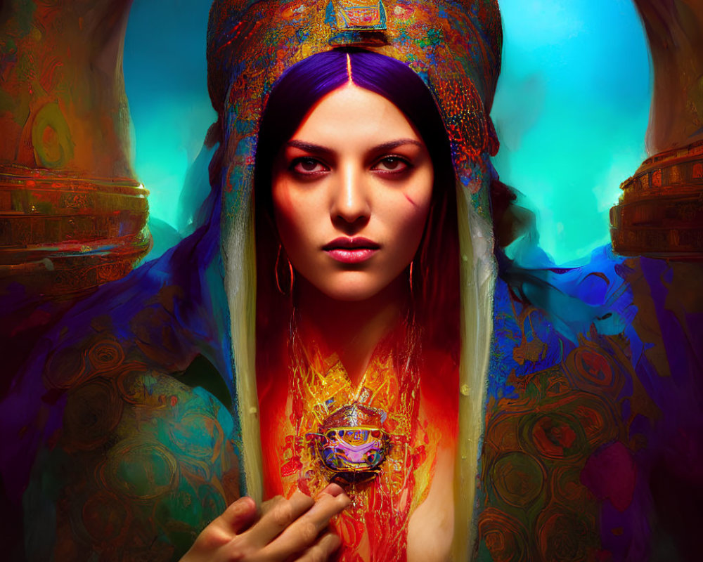 Purple-haired woman in ornate headpiece with luminous object against vibrant backdrop