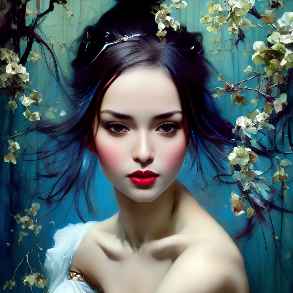 Digital artwork featuring woman with blue hair, red lips, fair skin, and blossoms.