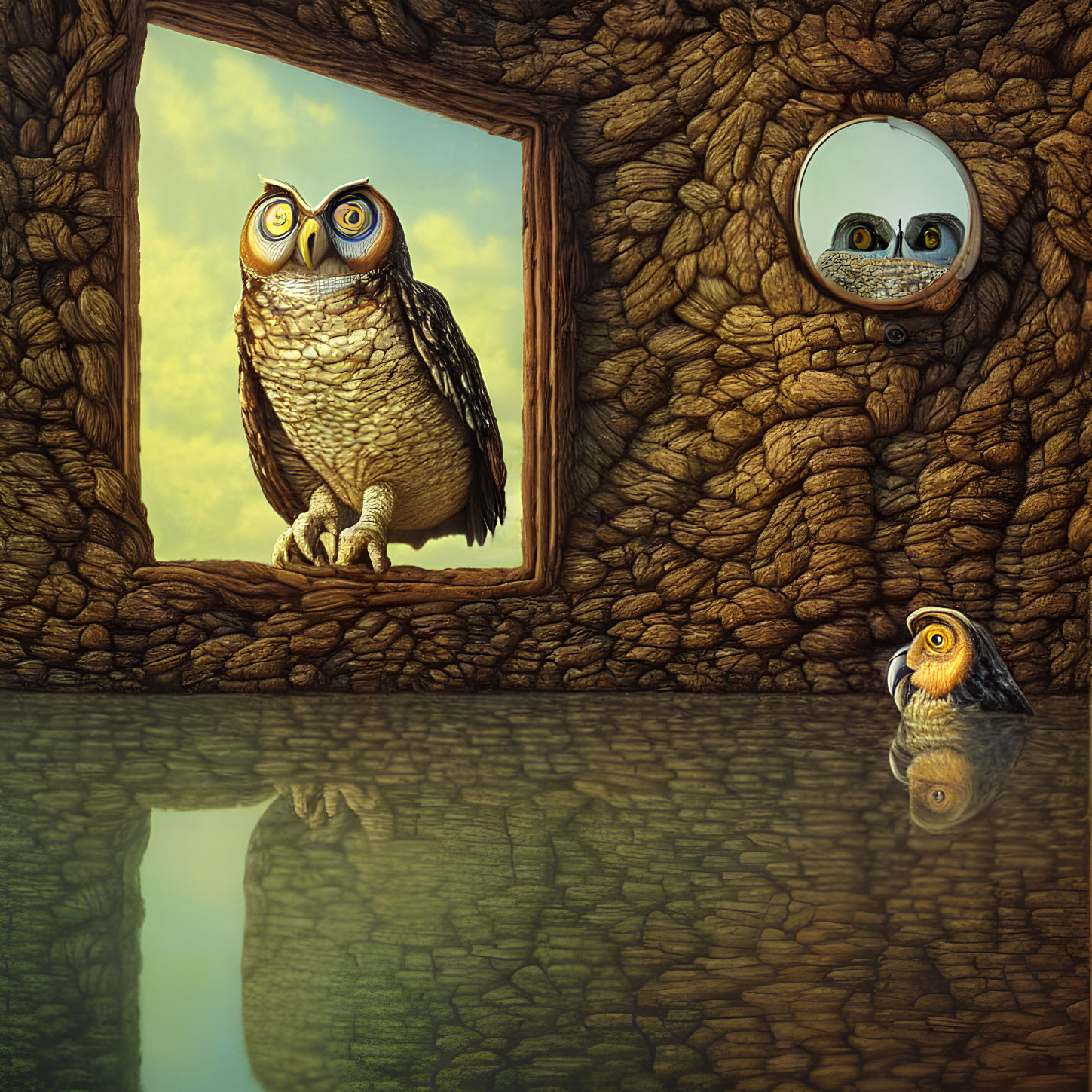 Owl perches beside reflection in stone room mirror