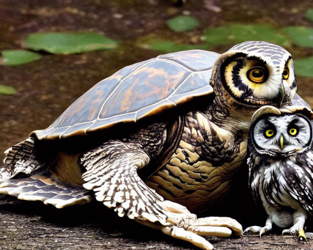 Tortoise with owl wings and head beside a small owl in forest