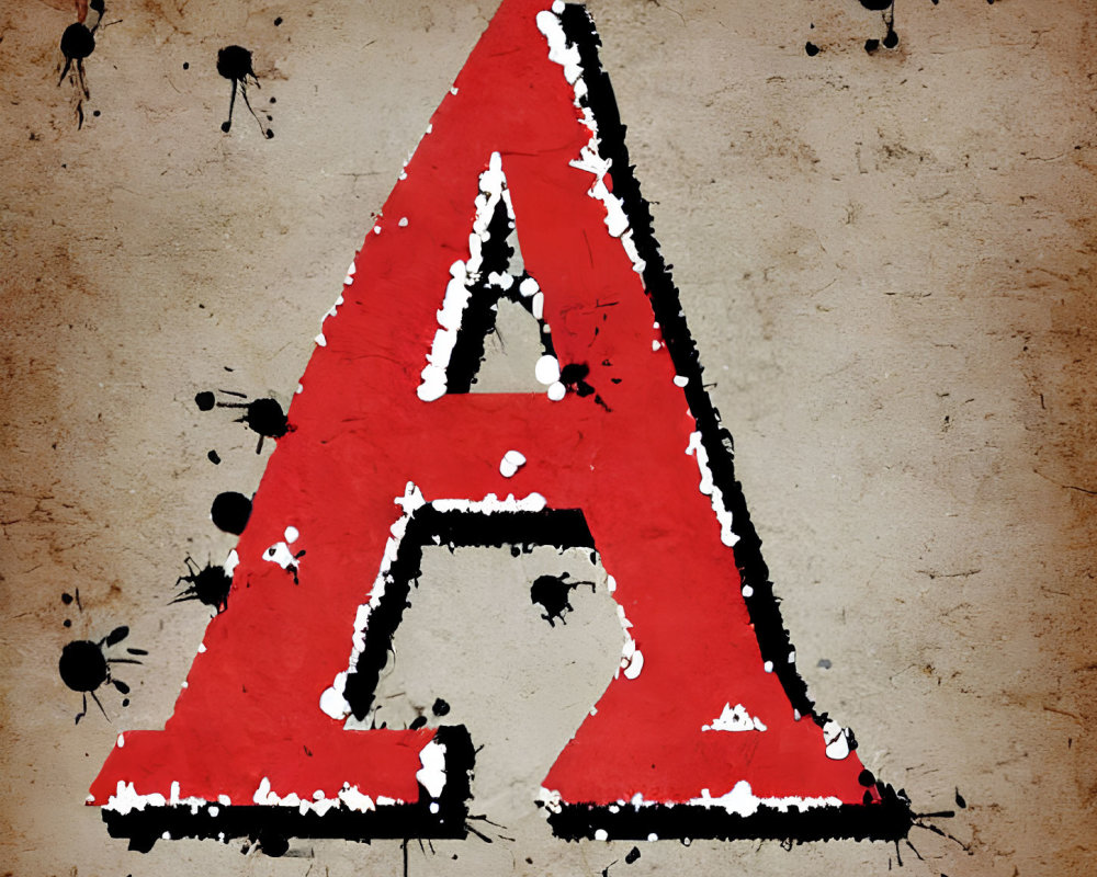 Grunge red letter A with black ink splatters on beige background