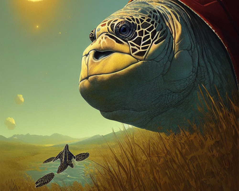 Whimsical turtle with intricate patterns and smaller turtles in golden landscape
