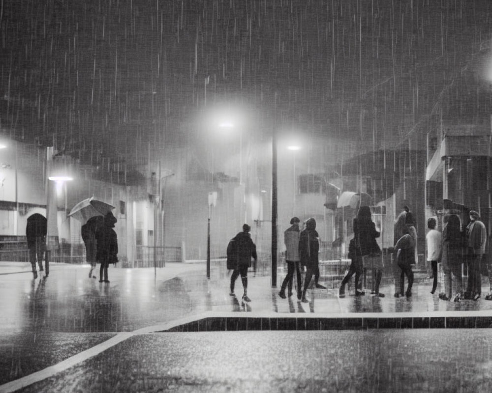 Rainy Night Scene: People with Umbrellas Walking under Streetlights in Black and White