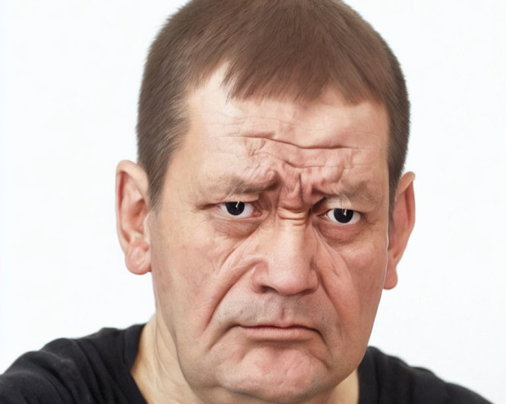 Middle-aged man with grumpy expression and flat haircut on white background