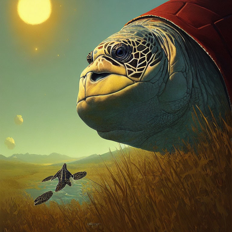 Whimsical turtle with intricate patterns and smaller turtles in golden landscape