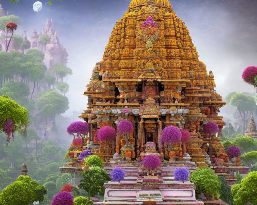 Vibrant golden-domed temple in lush greenery under twilight sky