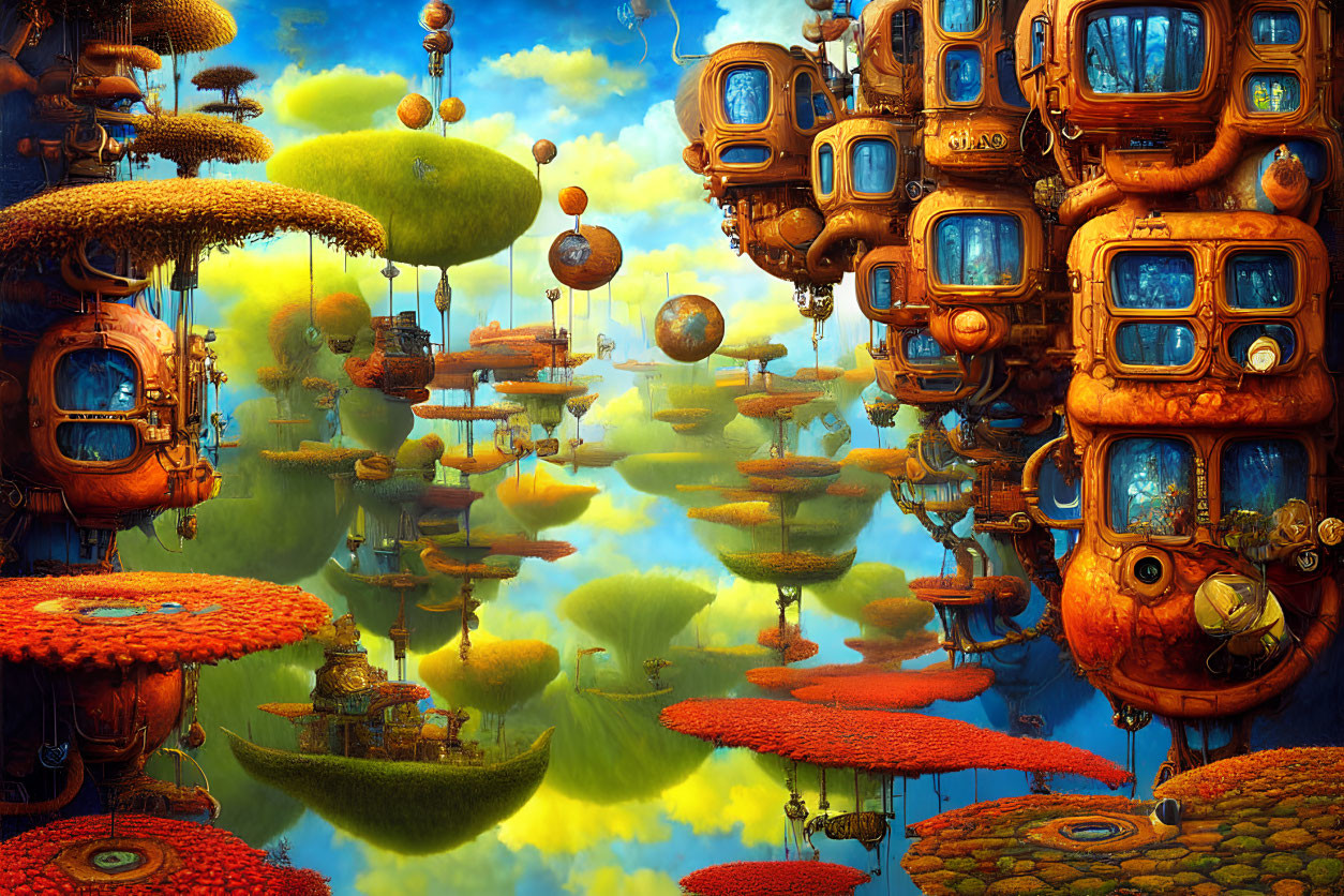 Surreal landscape with floating islands and whimsical treehouse structures