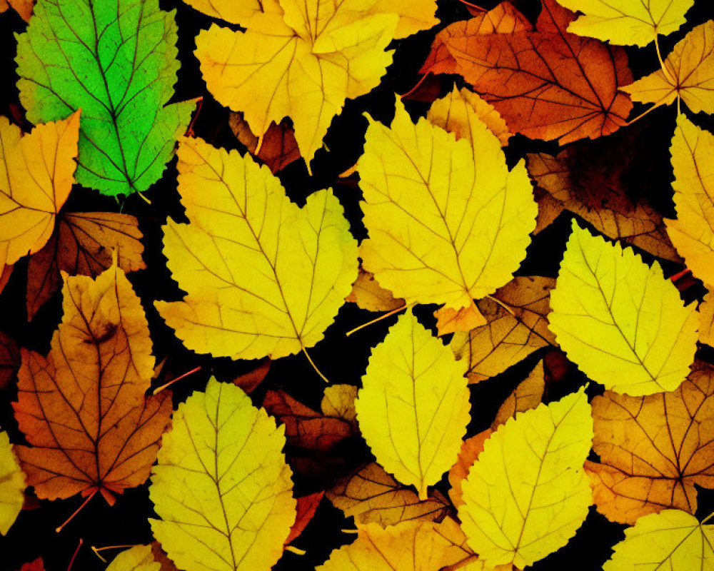 Vibrant pattern of yellow, green, and brown autumn leaves
