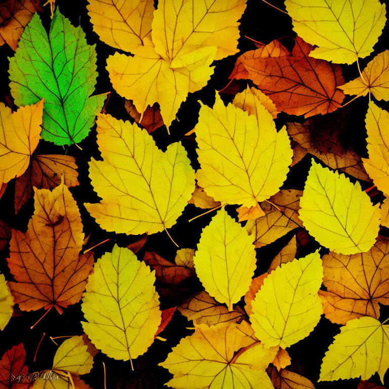 Vibrant pattern of yellow, green, and brown autumn leaves