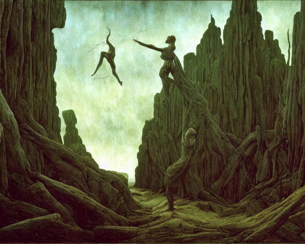 Ethereal landscape with spindly trees, soaring rocks, and surreal figures