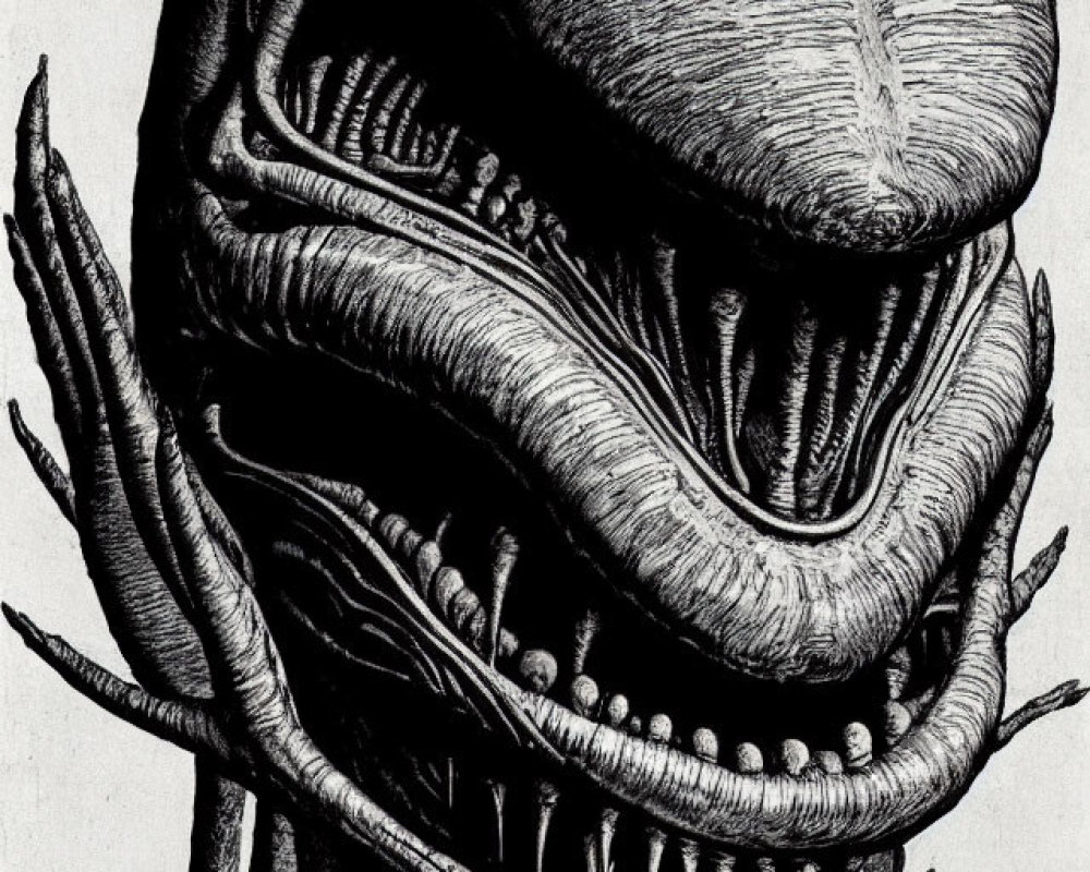 Detailed Black and White Xenomorph Sketch with Elongated Head and Sharp Teeth