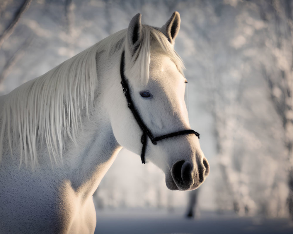 White horse with dark bridle in snow-covered landscape with frosty trees.