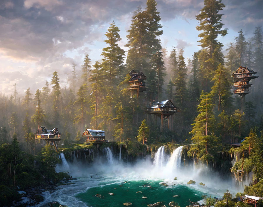 Tranquil landscape with evergreens, waterfalls, and rustic treehouses