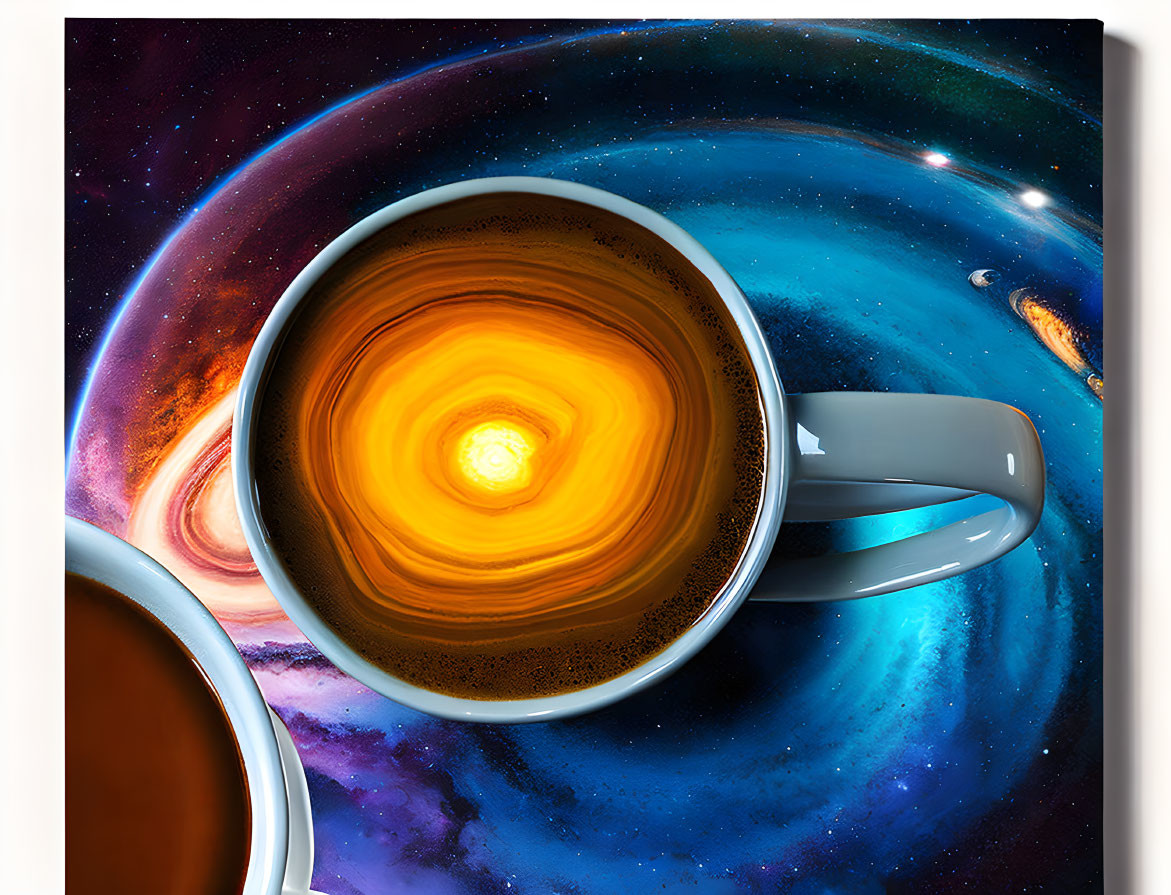 Galaxy-themed coffee cup on cosmic background