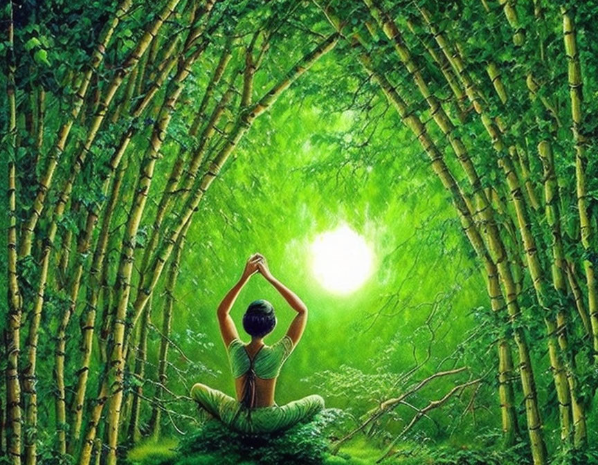 Person meditating in tranquil bamboo forest with hands raised, silhouetted against ethereal light