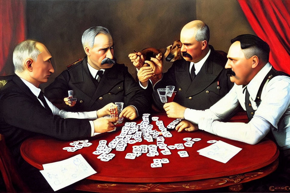 Men playing card game at red table with drinks and scattered cards