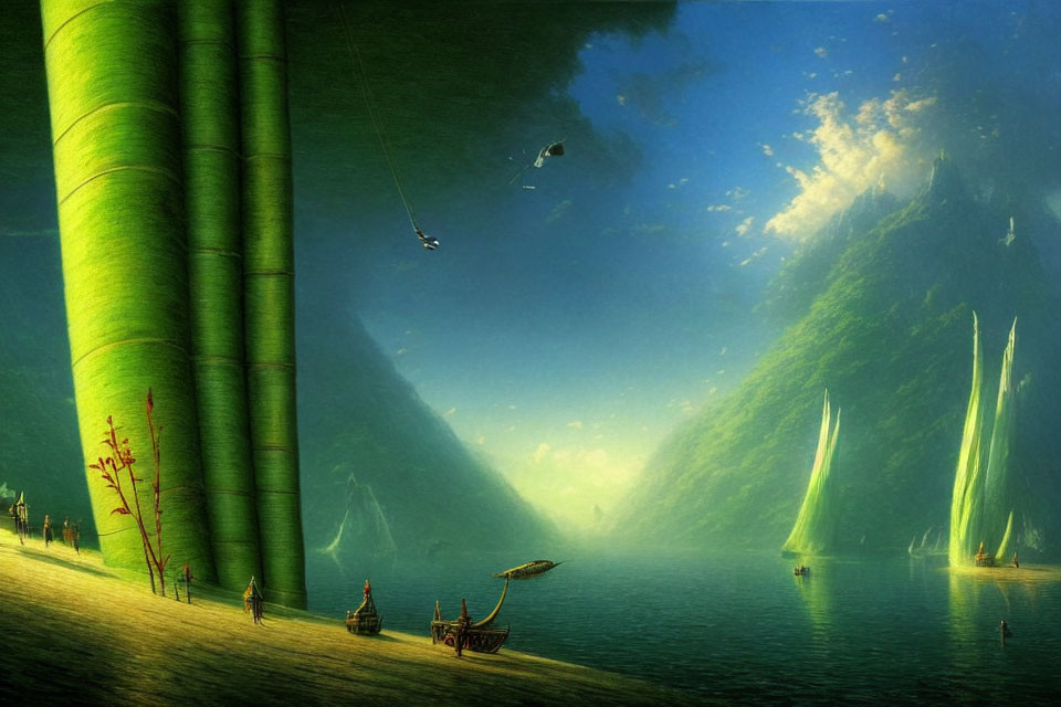 Digital artwork: Colossal bamboo stalks, tranquil river, figures, boat, ethereal landscape