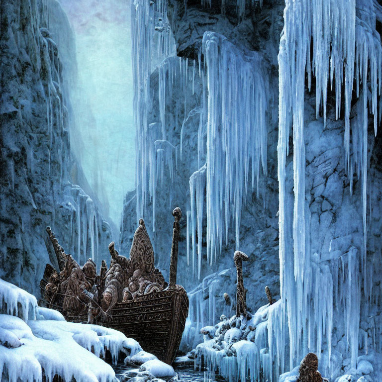 Ornate boat in icy cliffs and snow landscape